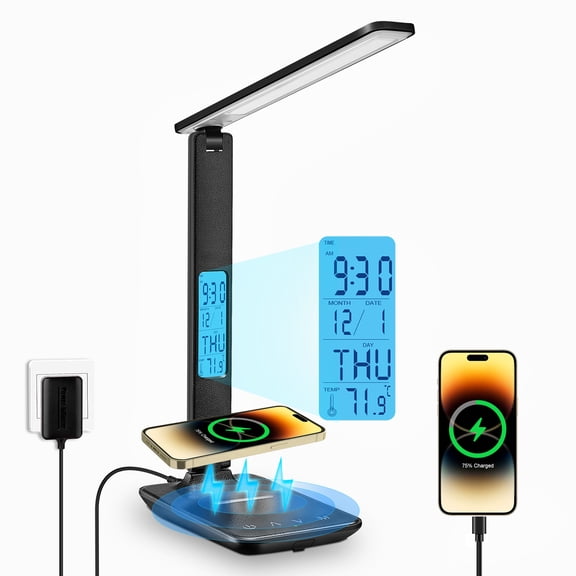 LED Desk Lamp with Wireless Charger, USB Charging Port, Adjustable Foldable ​Table Lamp with Clock, Alarm, Date, Temperature, 5-Level Dimmable ​Lighting​, Office Lamp with Adapter,Black