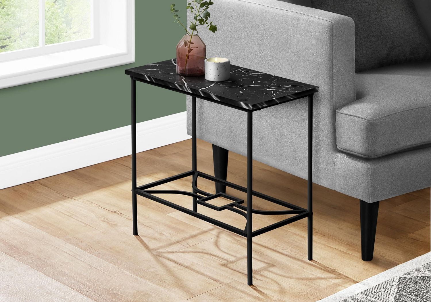 Monarch Specialties Accent Table, Side, End, Narrow, Small, 2 Tier, Living Room, Bedroom, Metal, Laminate, Black Marble Look, Contemporary, Modern