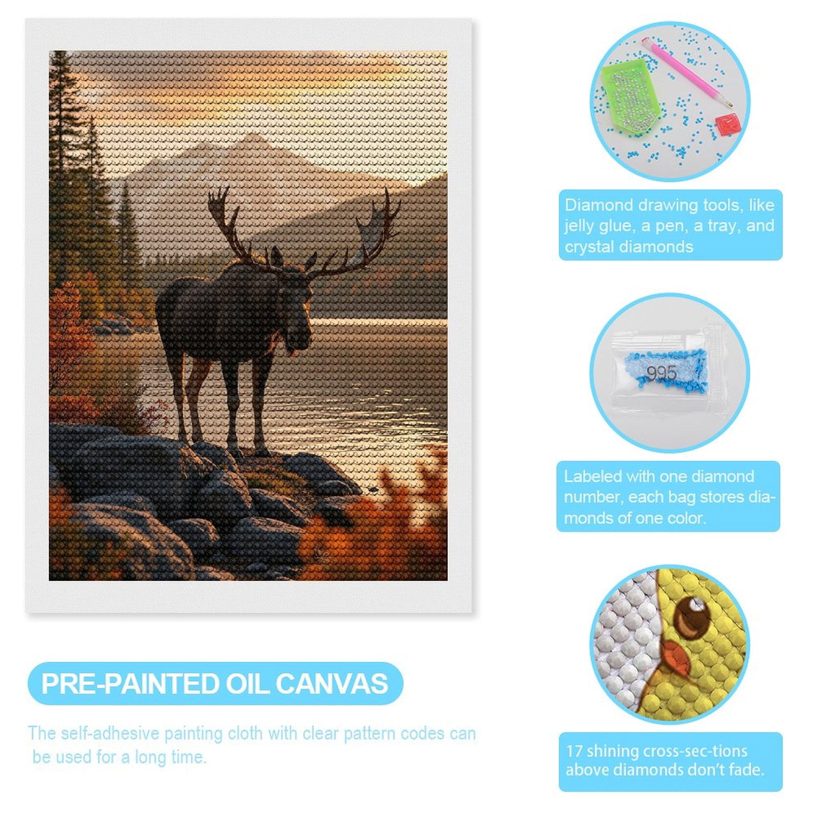 Diamond Art Kit for Adults, Moose In Mountain Lake Sunset Diamond Painting for Adults Beginners, 5D DIY Diamond Art Painting Kits, Colorful Diamond Painting Craft for Home Decor 12x16