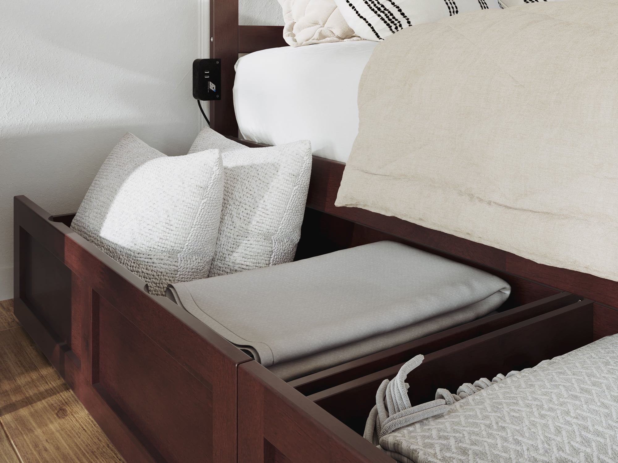 AFI Warren Full Wood Platform Bed with Headboard Footboard & 2 Storage Drawers, Walnut