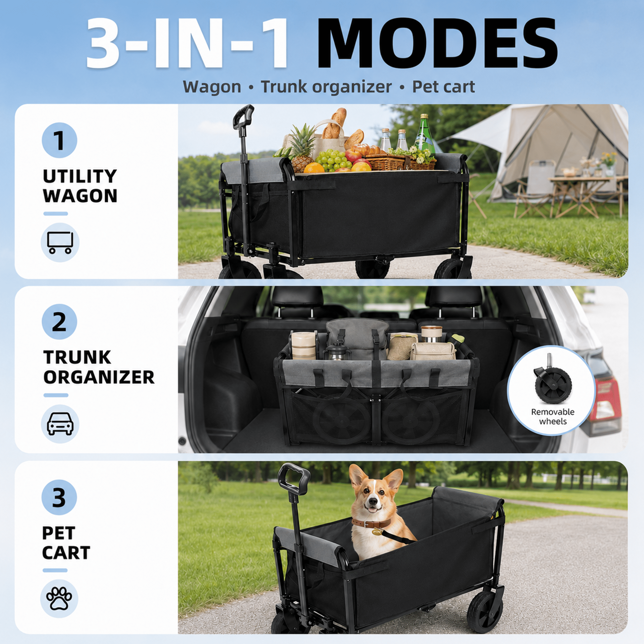 3-in-1 Collapsible Wagon with Wheels, 220 lbs Lightweight Folding Utility Cart with Cup Holders, Pet Wagon, Trunk Organizer for Groceries, Camping, Shopping, Black