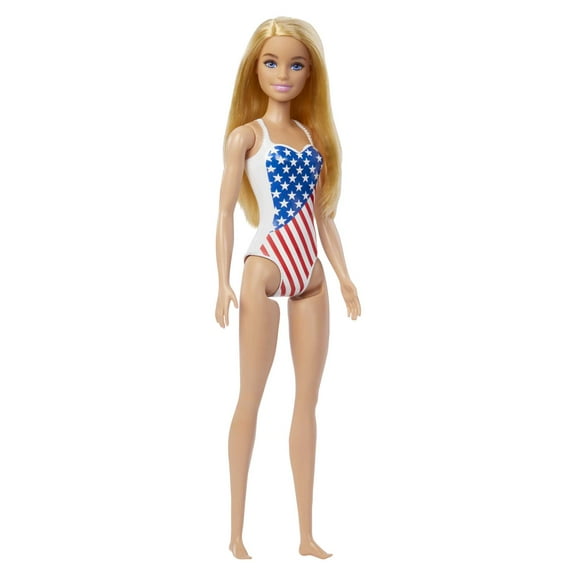 Barbie Doll with Beach Theme in American Flag Stars and Stripes Swimsuit, Blonde