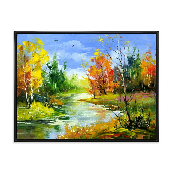 Designart 'Autumn Landscape With Forest and River' Lake House Framed Canvas Wall Art Print
