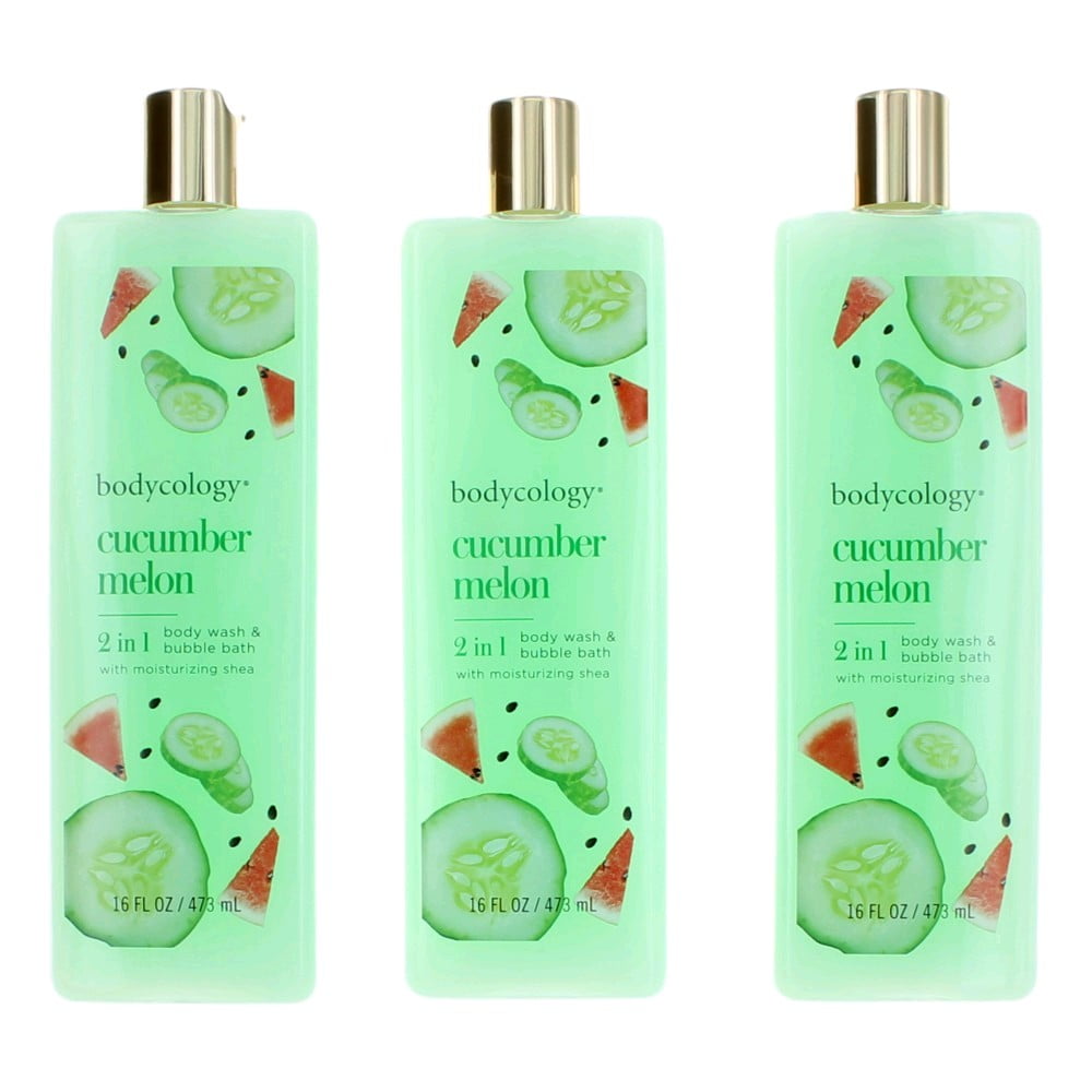 Cucumber Melon by Bodycology, 3 Pack 16 oz 2 in 1 Body Wash & Bubble Bath  for Women 