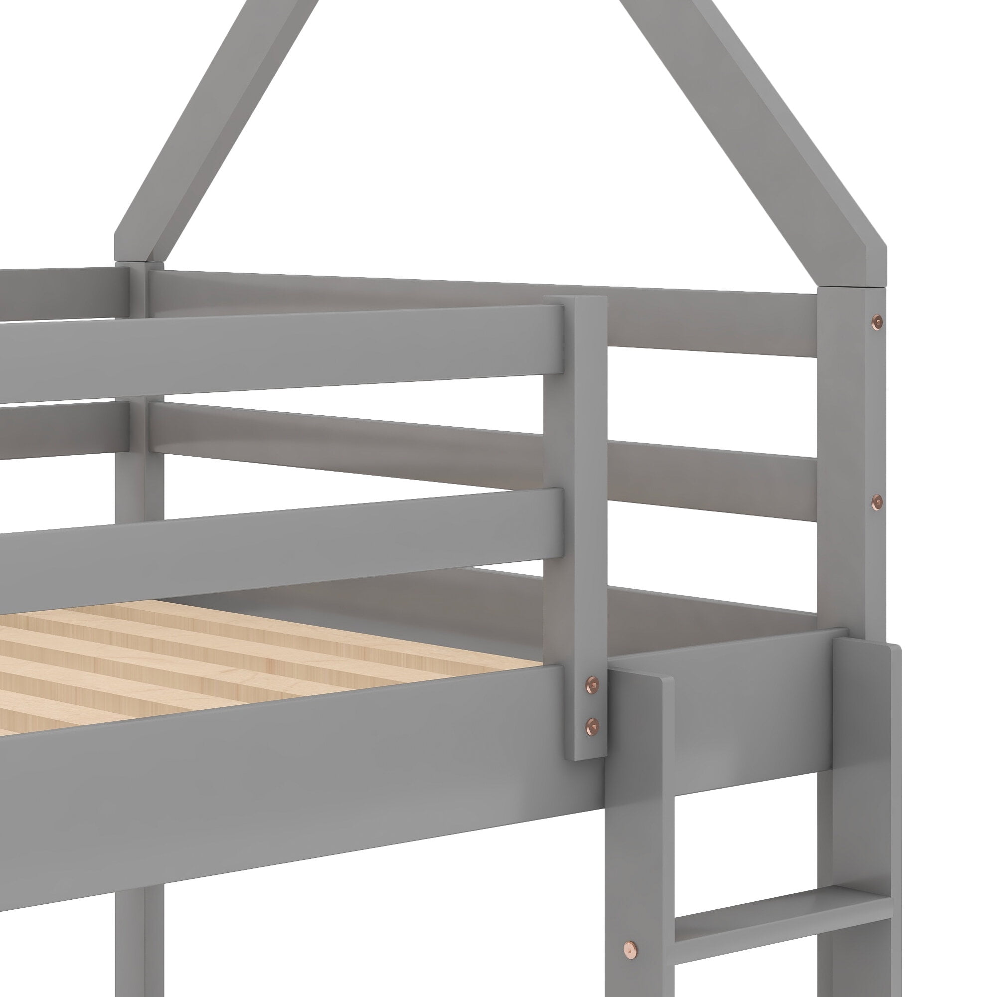 Twin Size Adjustable Bed Base, Twin over Twin Low Bunk Bed, House Bed with Ladder , Gray(OLD SKU:WF197808AAE), Gray Bed Frames,Pine Platform Bed Frames