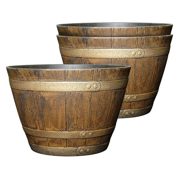 Whiskey Barrel Planters - Outdoor Resin Flower Pots, 15 Inch (3-Pack), Distressed Oak Brown