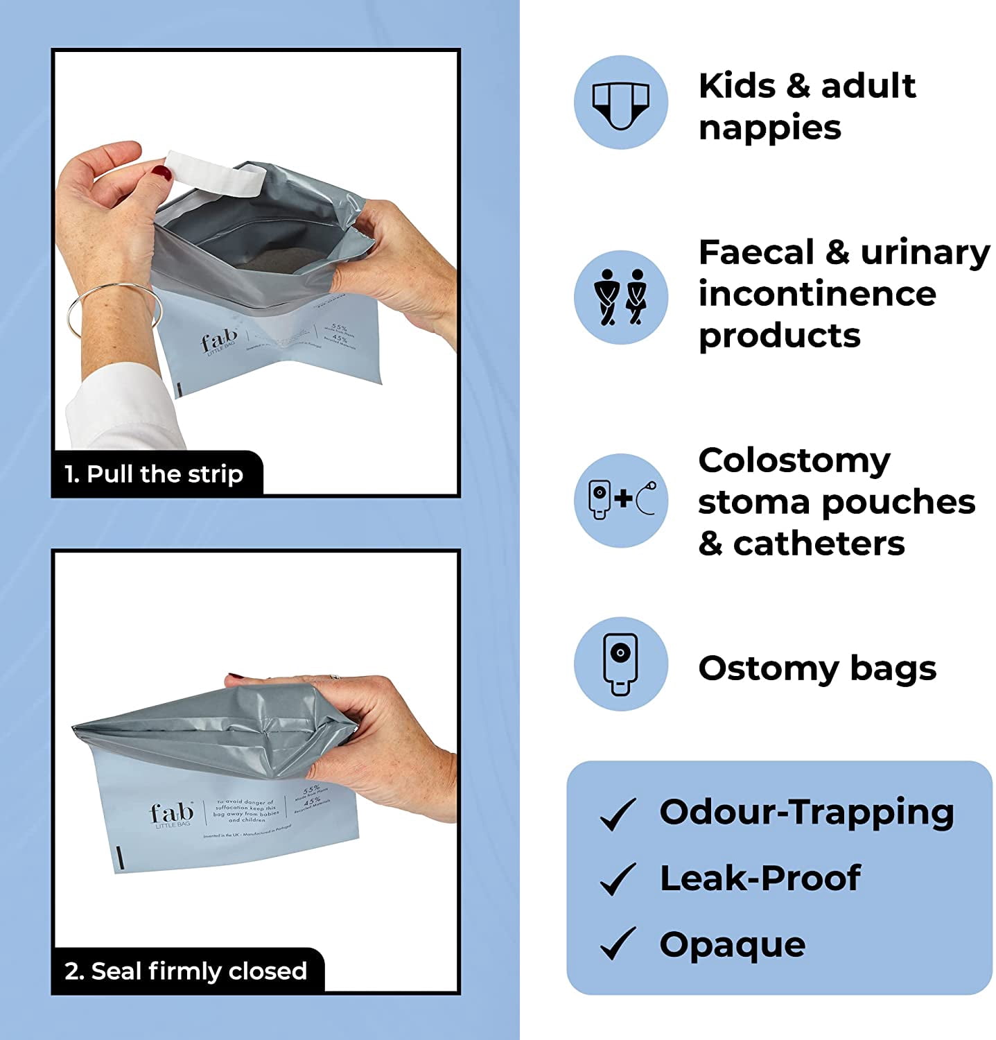 Fab Little Bag HyGeeni Disposal Bags for Nappies, Incontinence Pads, Ostomy & Catheter Bags - Prevents Odours, No Mess, Eco-Friendly, Pack of 50 Bags