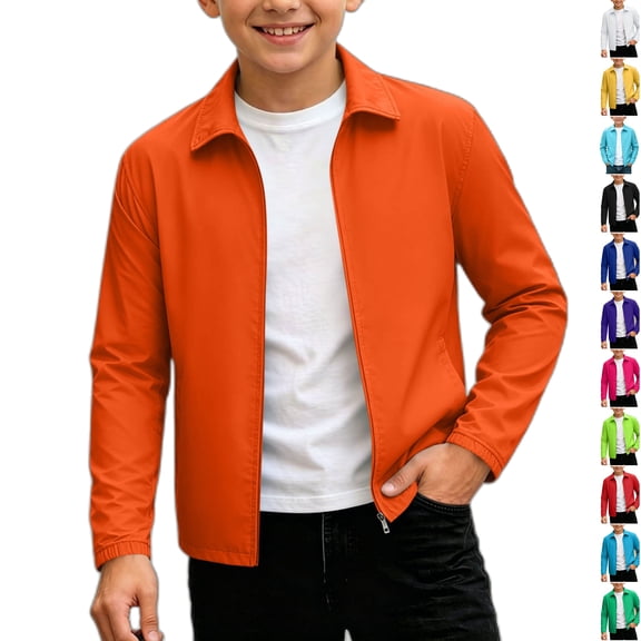Husipze Boys Girls Lightweight Cardigan Jacket Full Zip Lapel Collar Windproof with Pockets Casual Water Resistant Fall Winter Outerwear Orange 11-12 Years