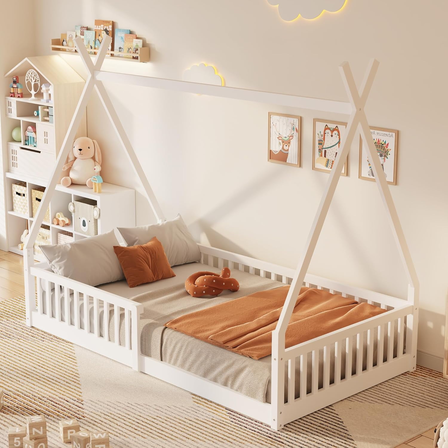 GLZ'HOME Twin House Bed with Fence, Modern Wood Montessori Floor Bed Frame Twin with Guardrails for Boys and Girls Bedroom, No Box Spring Needed (White)