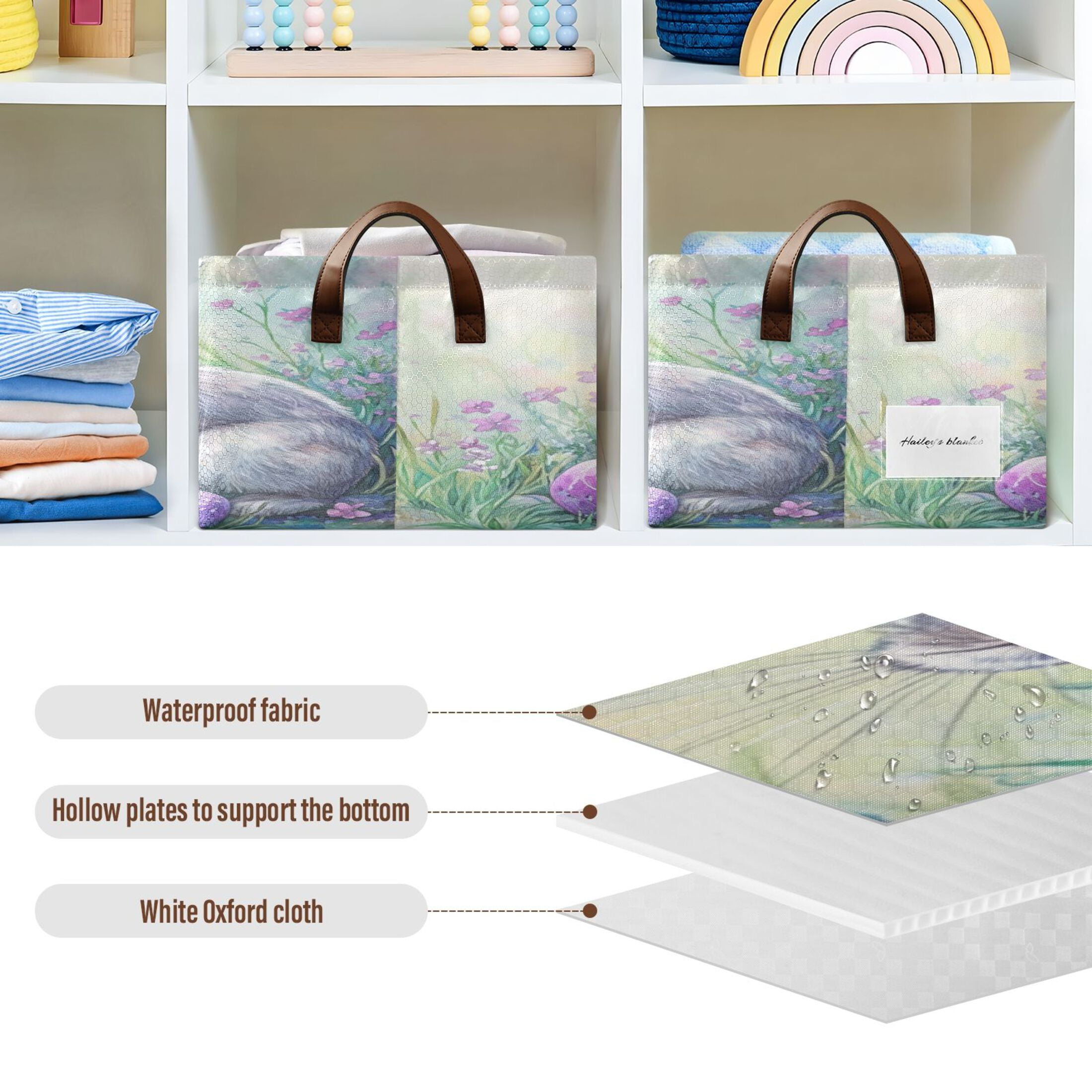 Wobogo Easter Blue Bunny Storage Basket Soccer Plaid Fabric Oversized Collapsible Hoard Box with Metal Iron Frame 16.9×11.4×7.7in