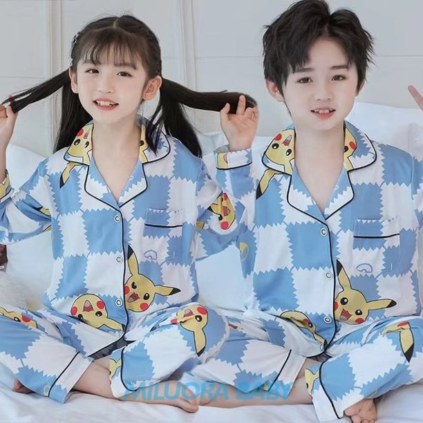 Conjunto de pijama de Pokémon para niños y niñas, ropa de dormir de manga larga, Pikachu, para el hogar qym unisex