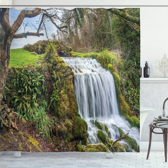 Rainforest Decor Waterfall Forest Green Tree Vibrant Prints Scene Shower Curtain