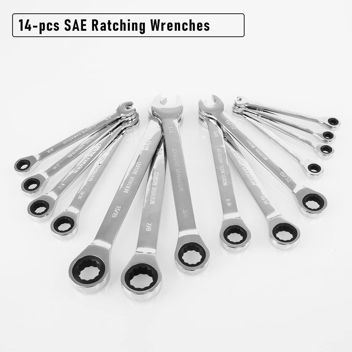 14-Piece Ratcheting Wrench Set, SAE 1/4”-7/8”, Chrome Vanadium Steel Combination Wrench set with Wrench Rack