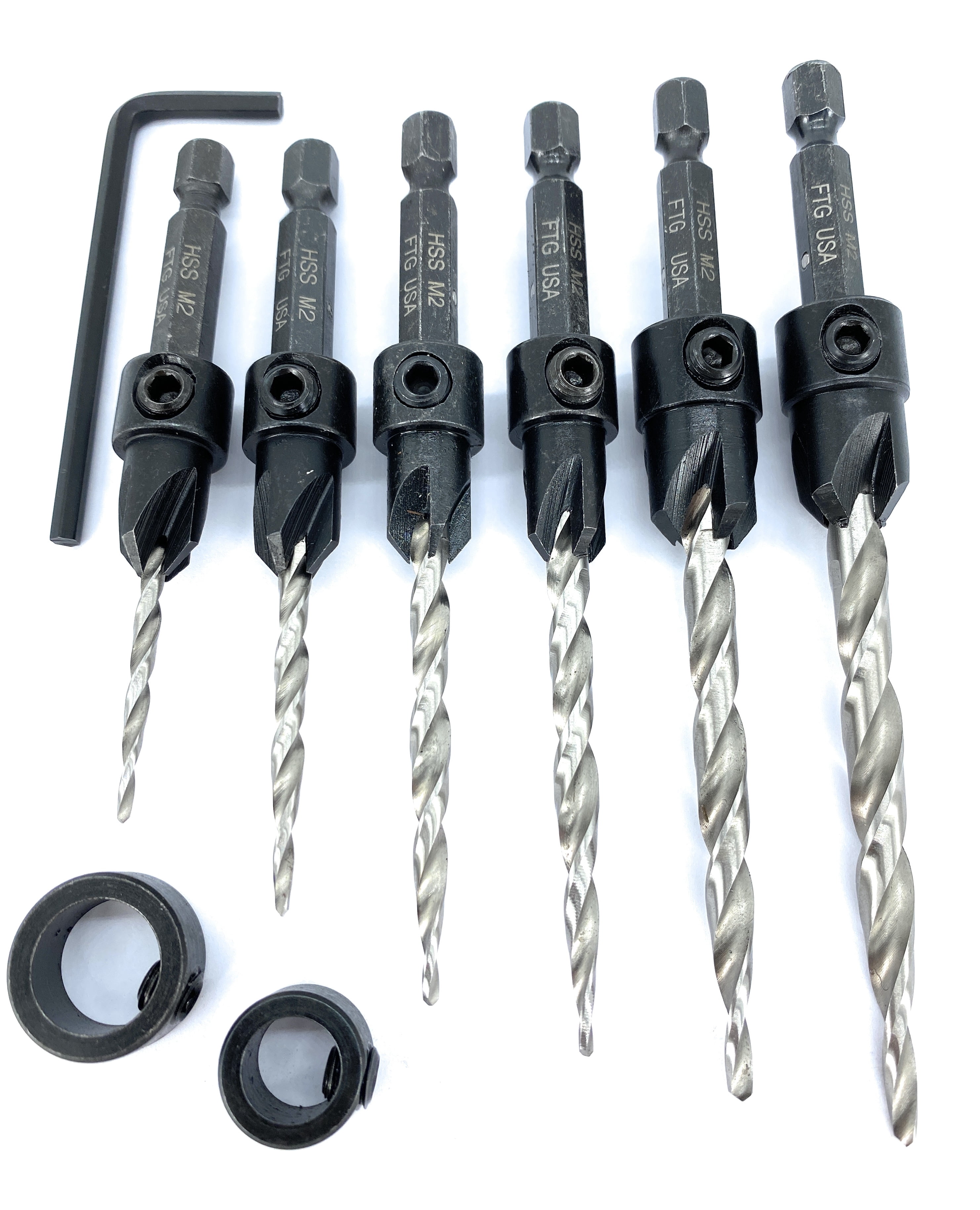 FTG USA Wood Countersink Drill Bit Set #4#6#8#10#12#14 with 2 Stop Collar