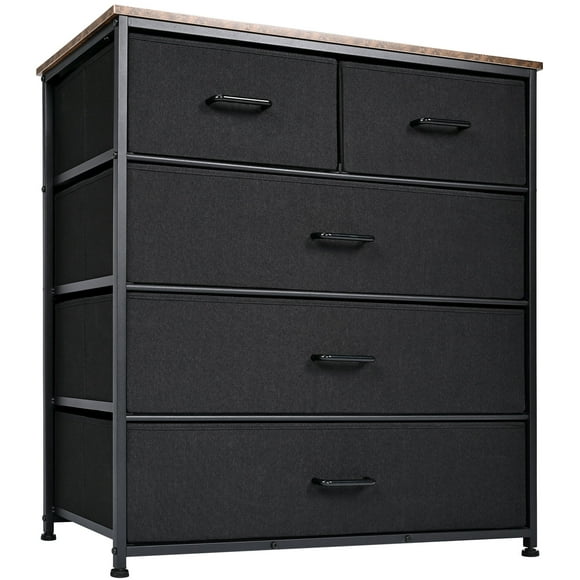 SortWise 5 Drawer Dresser, Storage Tower Nightstand with Wood Top and Metal Frame for Hallway, Entryway, Black