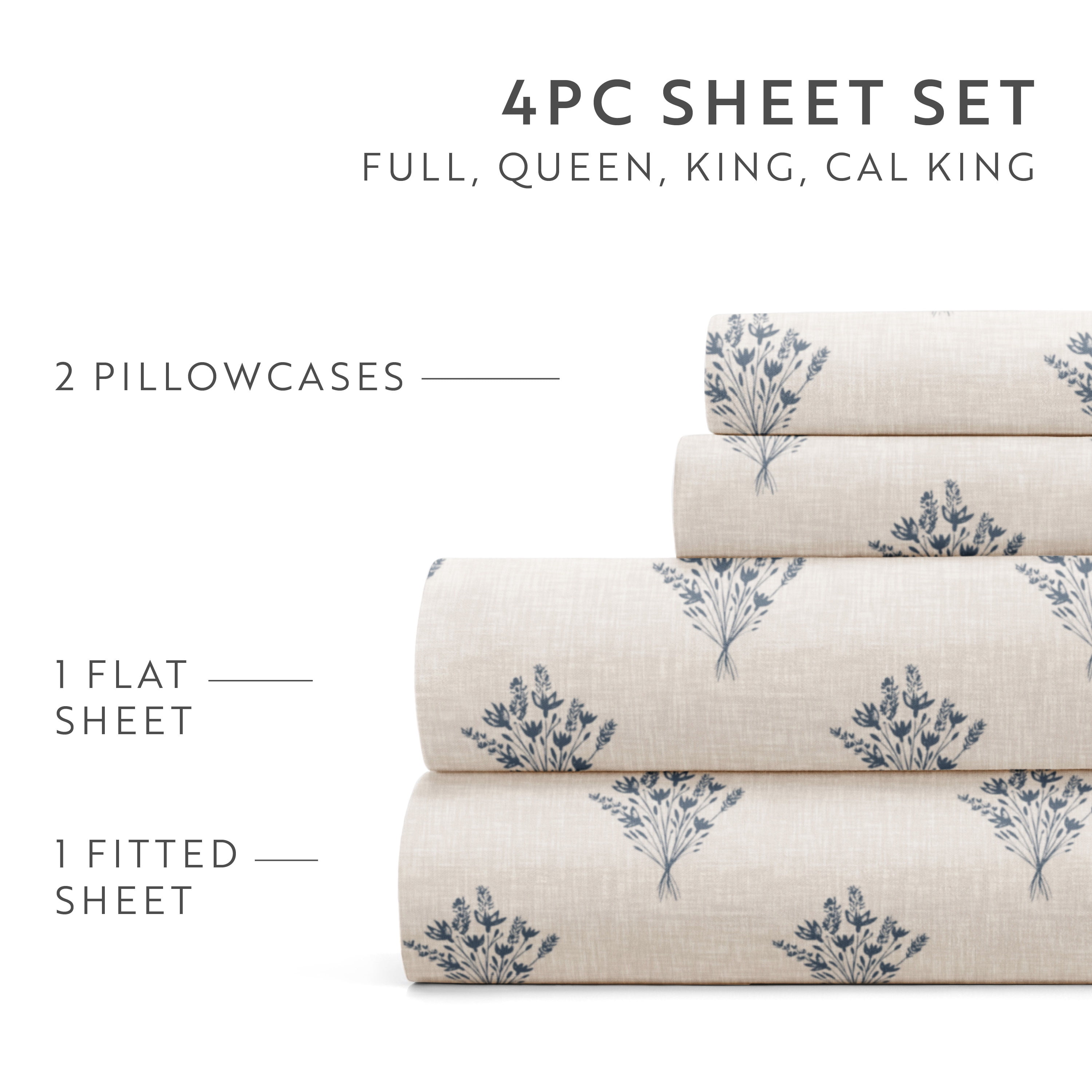 Noble Linens 4 Piece Pattern Microfiber Bed Sheets Set, Floral Bouquet Stone, Full