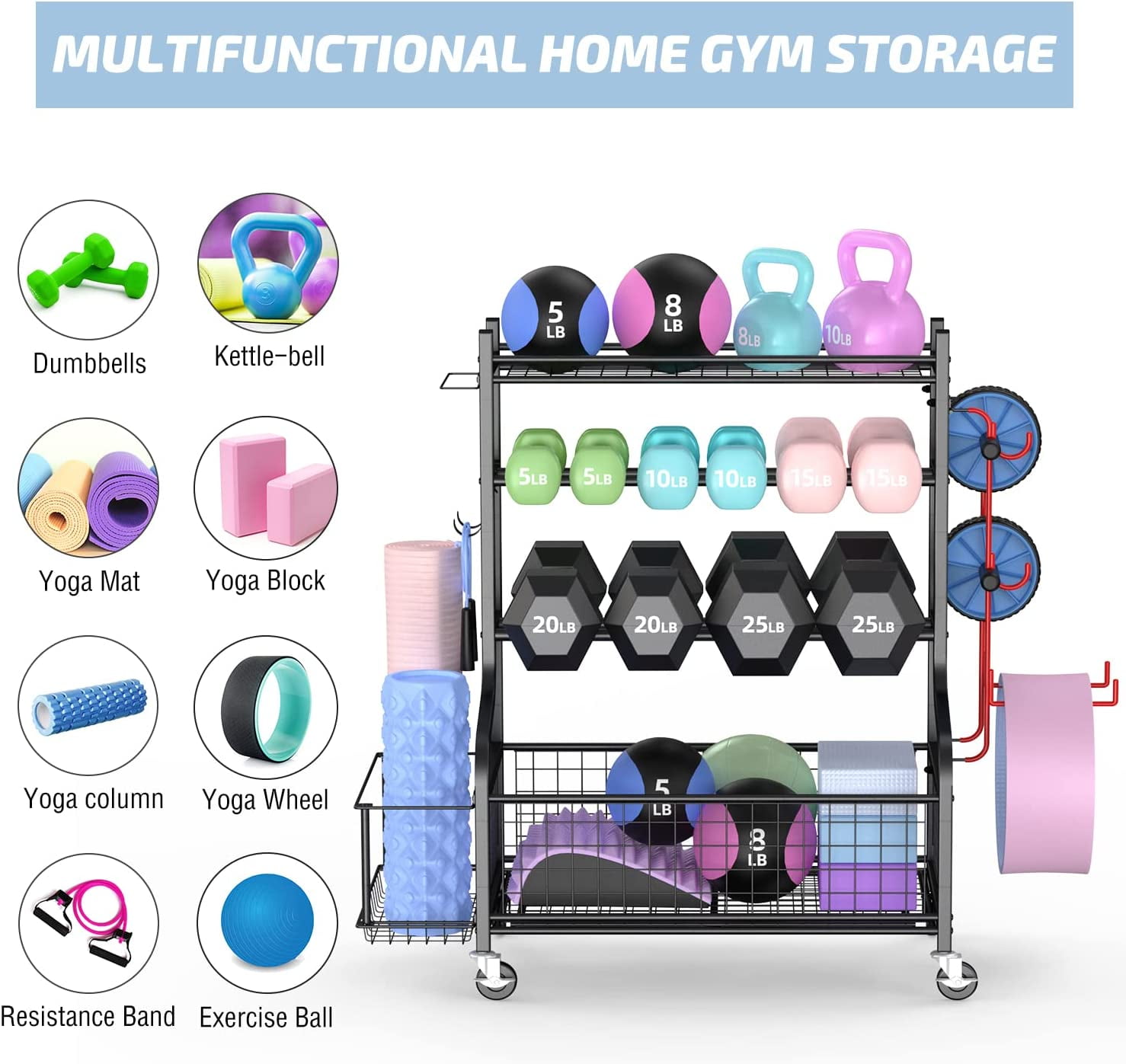 Dumbbell Rack with Wheels, Home Gym Storage Rack for Dumbbells, Kettlebells & Workout Equipment, All-in-One Weight Rack Organizer with Hooks & Basket, Heavy Duty Steel Fitness Stand