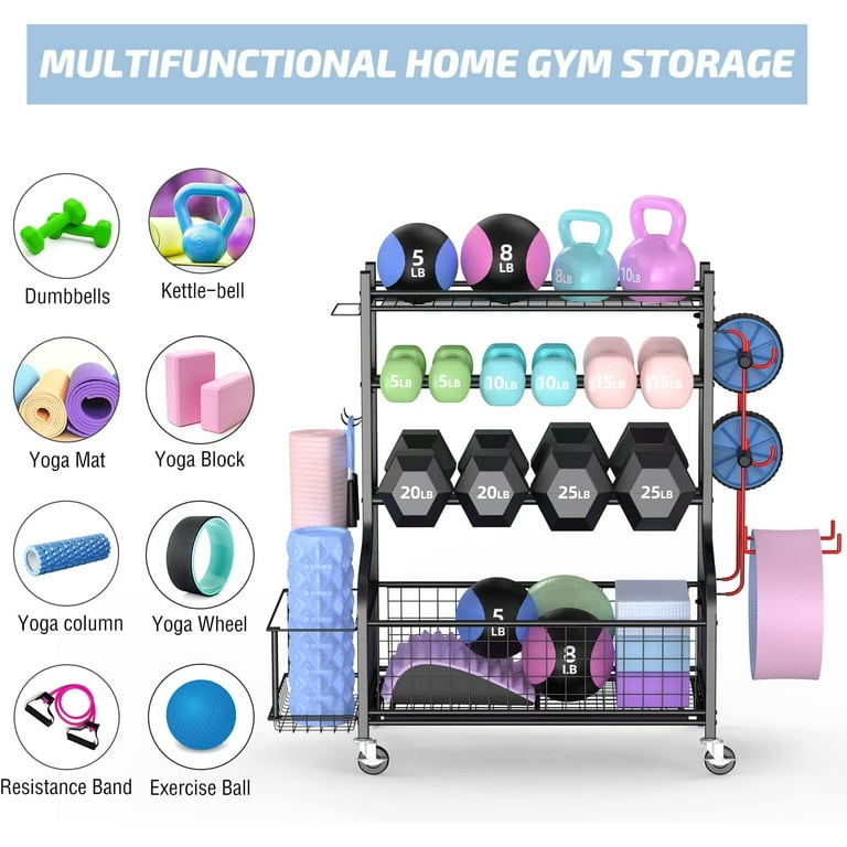 Mythinglogic Yoga Mat Storage Racks,Dumbbell Rack, Weight Rack for  Dumbbells, Home Gym Storage for Dumbbells Kettlebells Yoga Mat and Balls,  All in One Workout Storage with Wheels and Hooks 