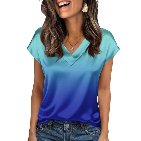 CONZONE Womens Summer T-Shirts Short Sleeve Satin T Shirts for Women Casual V Neck Gradient Color Lightweight Tees Soft Cozy Dailywear