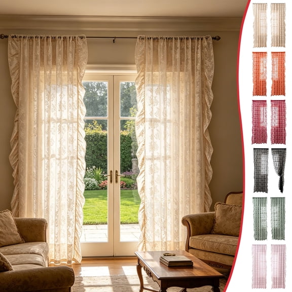 PYURTEP Vintage Lace Curtains 78 Inches Long, Floral Pattern Semi Blackout Sheer Curtains, Ruffled Edge Grommet Window Drapes for Living Room Bedroom