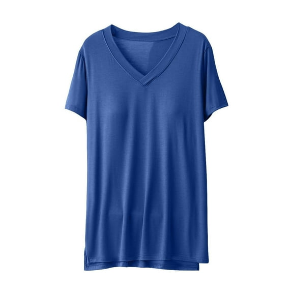 Ersazi Silk Pajamas for Women Women Blouse Plain Casual Fashion V-Neck Regular Short Sleeve Pajama Tops Blue M
