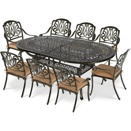 VIVIJASON 9-Piece Outdoor Furniture Dining Set, All-Weather Cast Aluminum Patio Conversation Set, Include 8 Cushioned Chairs and an Oval Table with Umbrella Hole for Balcony Lawn Garden Backyard