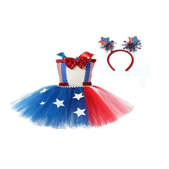 Robe Décontractée pour Fille Sans Manches Dos Nu à Contraste de Couleurs, Robe Tutu Imprimée d'Étoiles avec Serre-Tête, Ensemble 2 Pcs, Rouge Bleu, 2-3 Ans