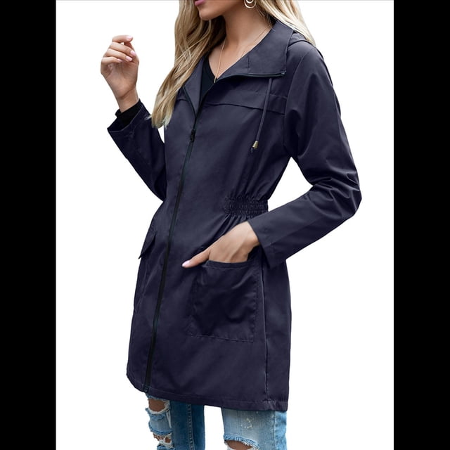 Chaqueta Impermeable Ligera para Mujer, con Capucha, Mangas Largas y Cremallera, para Actividades Al Aire Libre Azul Marino XXL