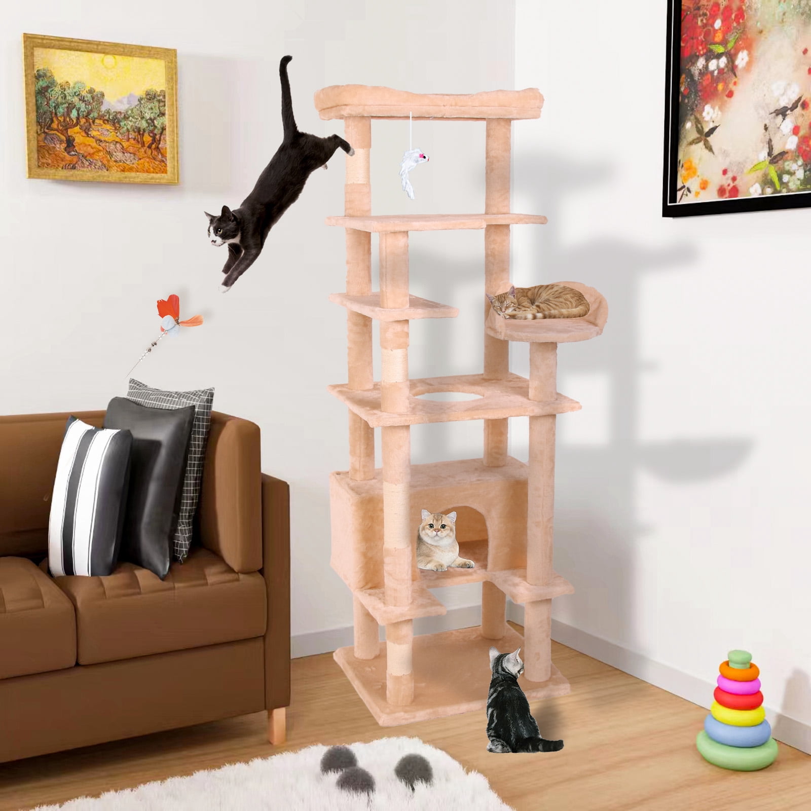 Indoor Cat Tree Tower with Scratching Post Cat Multi-Level Pet Playroom Climbing Ramp