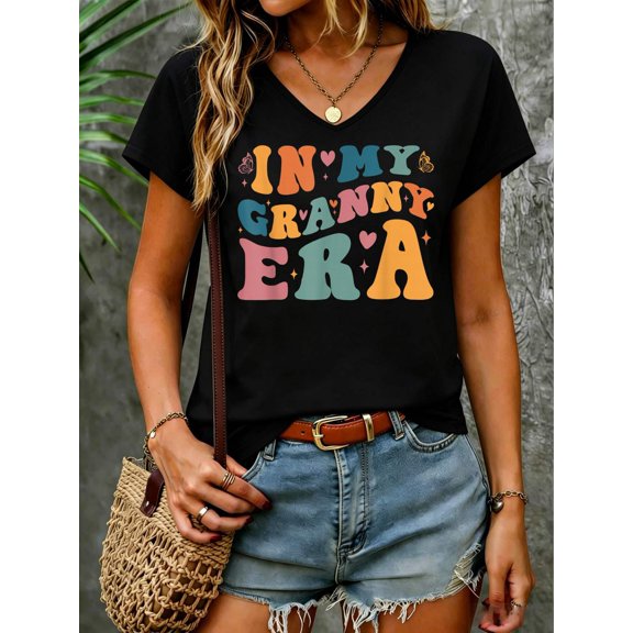 In My Granny Era Baby Announcement for Grandma Mother's Day V Neck T-Shirt Cotton Women's V Neck Graphic Tee, Casual Short Sleeve Shirt,Vacation Outfit