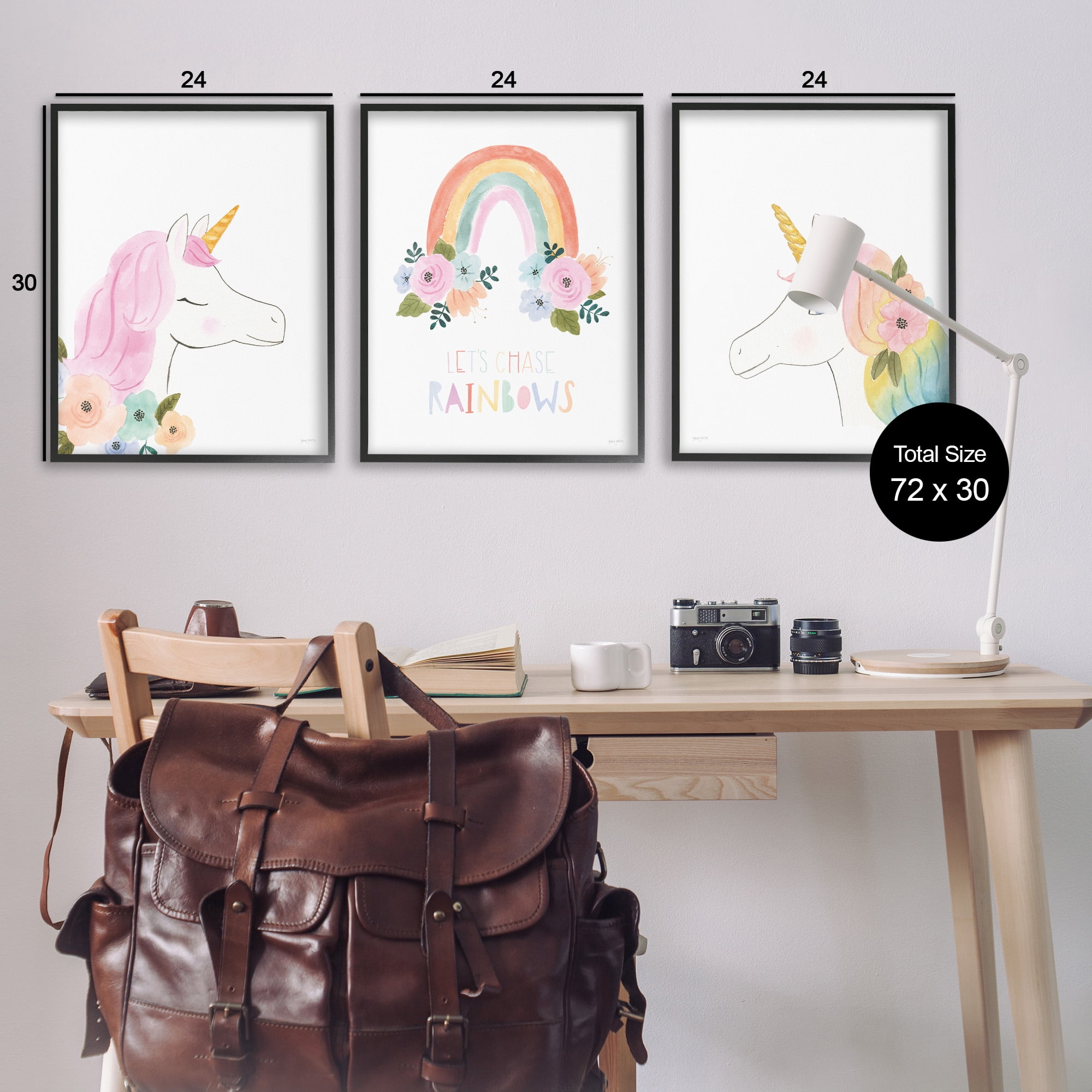 Stupell Industries Let's Chase Rainbows Unicorns Fairy Tales & Fantasy Painting Black Framed Art Print Wall Art, 24 x 30, Set of 3