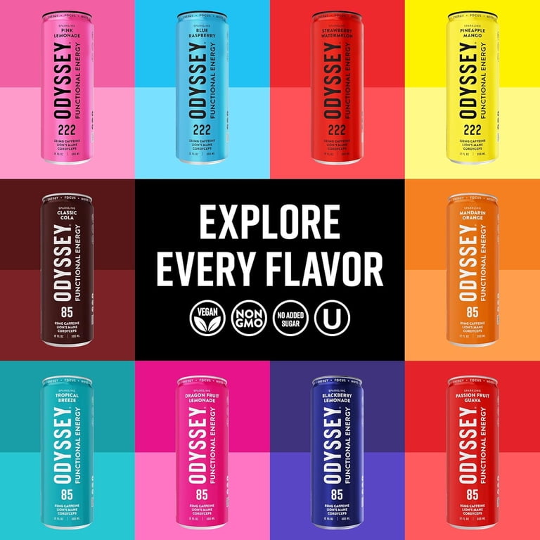 Odyssey Sparkling Mushroom Elixir, Energy and Focus Drink, 12 Cans