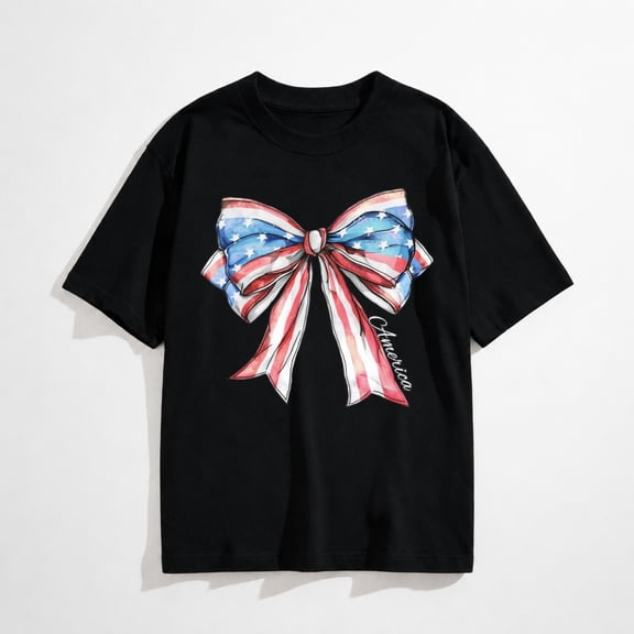 Men and Women American Flag Patriotic T-Shirts Cute USA Bow Flag Shirts Happy 4th of July Tee Tops