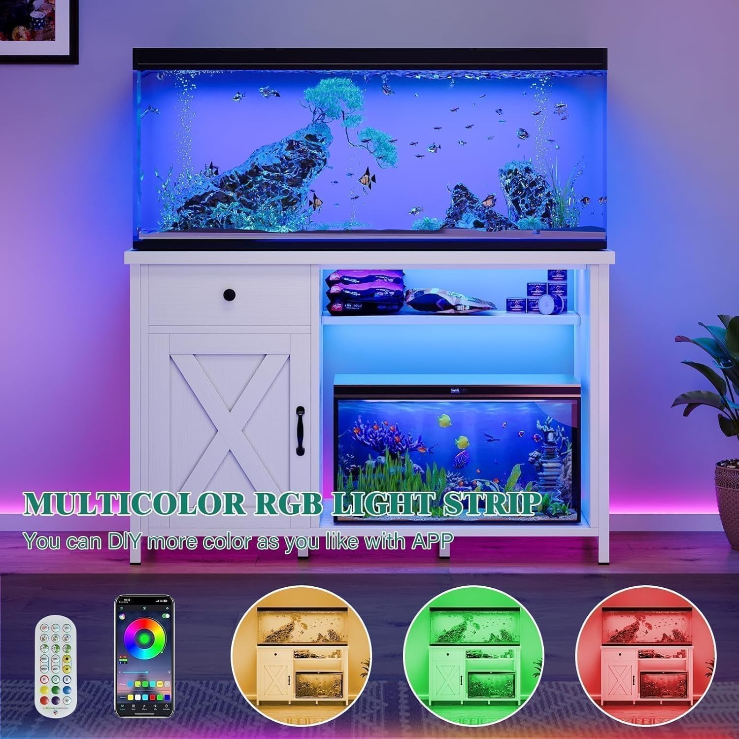 DreamCurship 55-75 Gallon Aquarium Stand with Storage Cabinet & Power Outlets LED Light, Fish Tank Stand with Drawer & Barn Door, Suitable for Fish Tank Stand, Turtle Tank, Reptile Terrarium, White