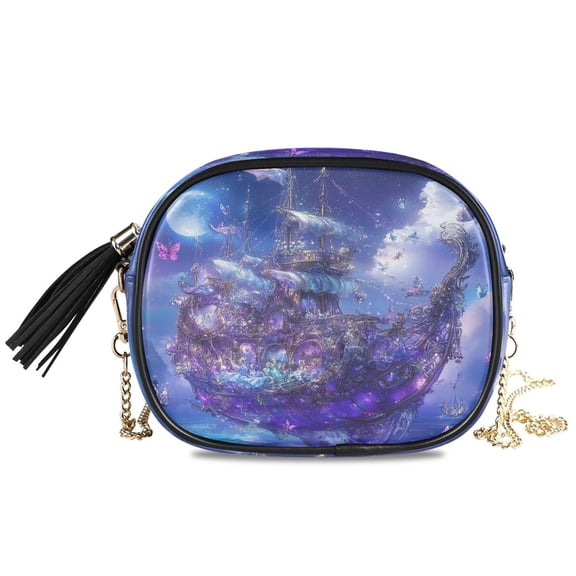 Womens Casual Chain Shoulder Bag Simple style Purple Crystal Boat Painting Crossbody Bag
