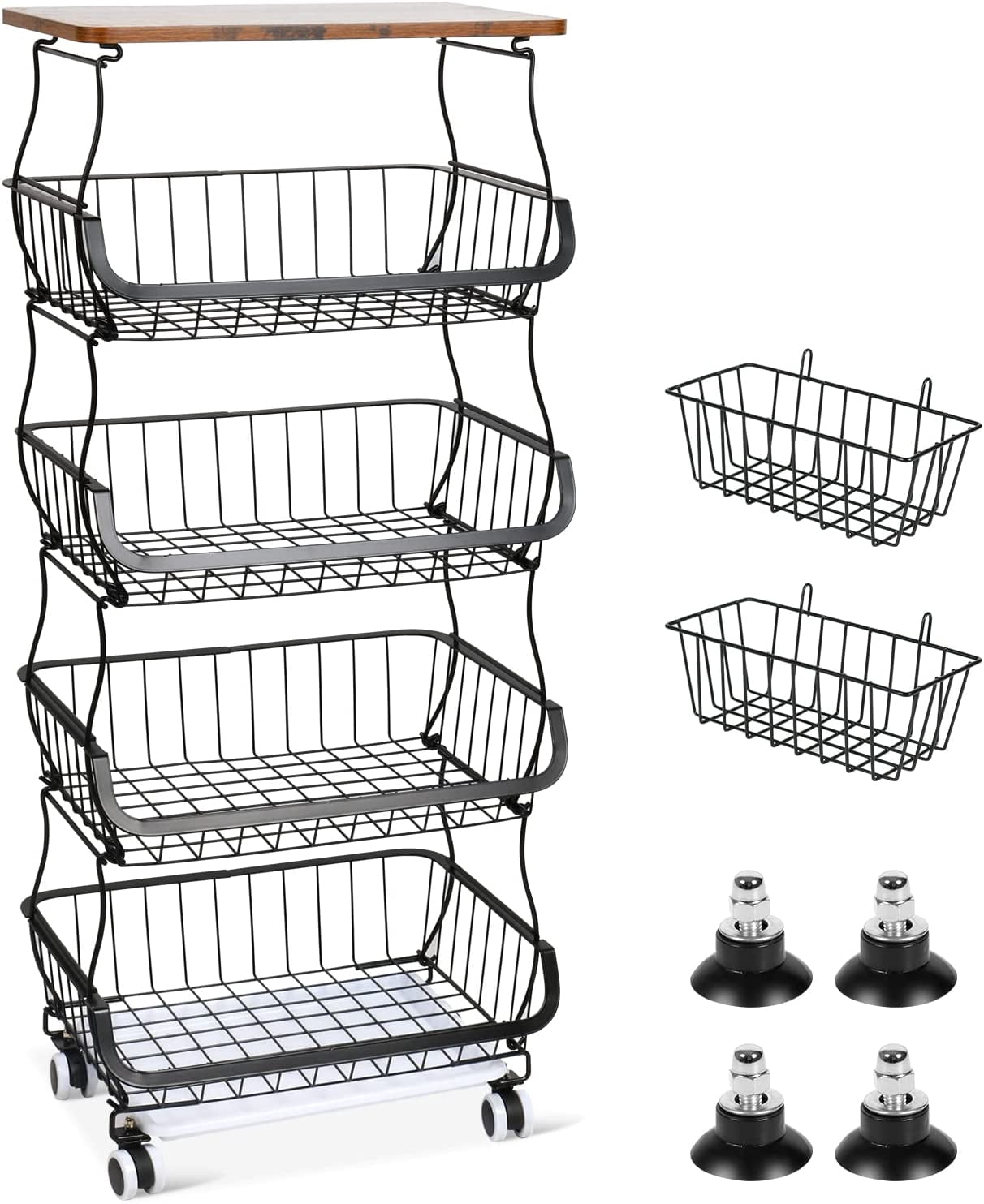 WERSEON 5 Tier Fruit Basket for Kitchen Organizers and Storage, Stackable Metal Wire Basket Stand Cart with Wheels for Fruit Vegetable