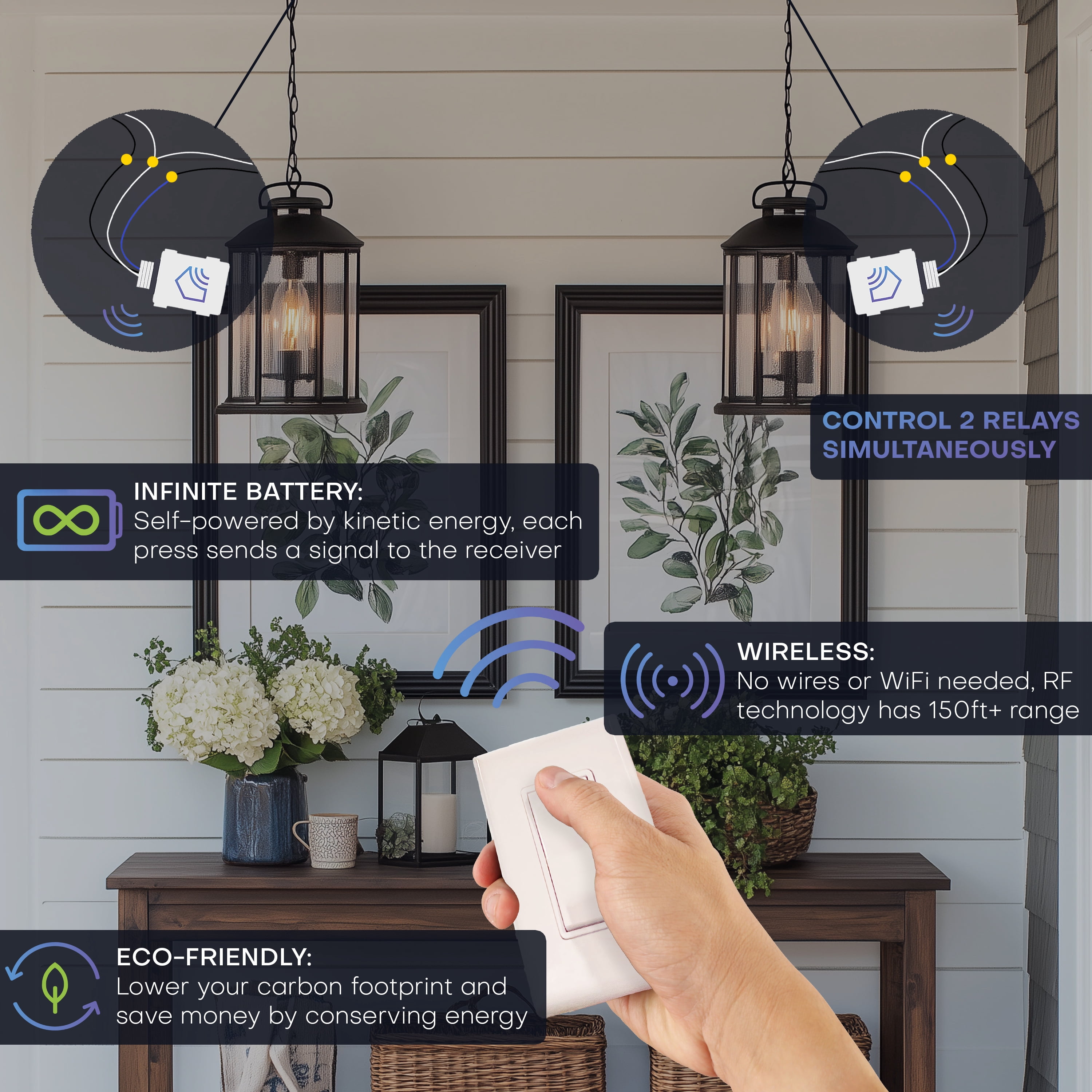 RunLessWire 2 Fixture On/Off Wireless Battery-Free Remote Light Switch Kit 150ft Range - Light Almond