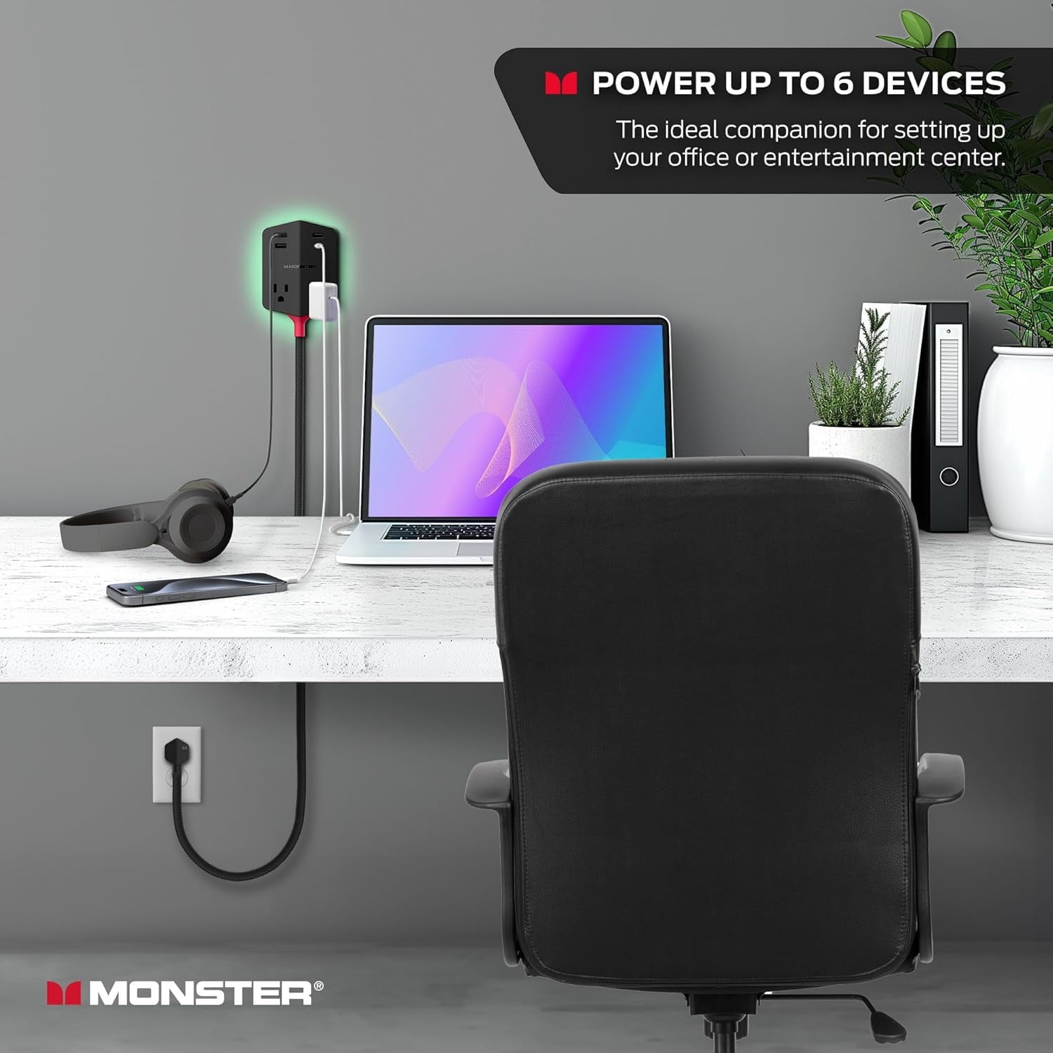Monster Power Shield Magnetic Wall Outlet Extender, 2 AC Outlets, 3 USB-A & 1 USB-C Port (20W)