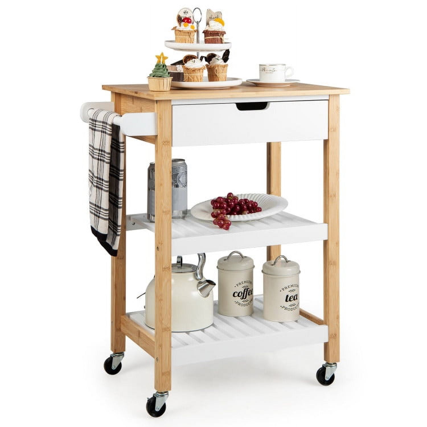 Finihen Rolling Cart, Kitchen Island Cart, 3-Tier Kitchen Island Cart Rolling Service Trolley with Bamboo Top, for Kitchen, Dining Room, Natural Finihen Rolling Cart, Kitchen Island Cart, 3-Tier Kitchen Island Cart Rolling Service Trolley with Bamboo Top, for Kitchen, Dining Room, Natural