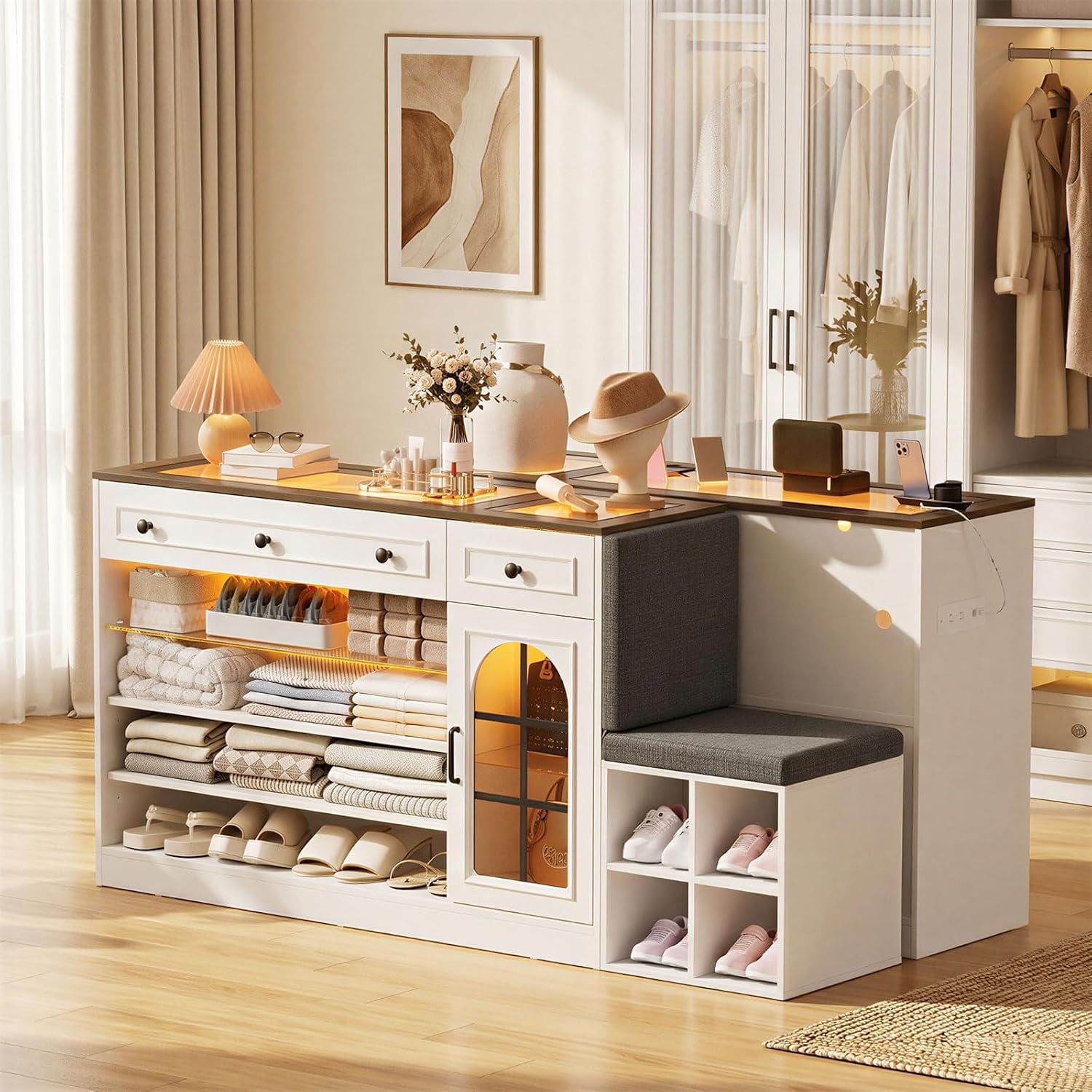 PakaLife Armoire Bedroom Wardrobe Closet Island with Glass Top, 2 Drawers & 8 Shelves, Walk-in Closet Island with Bench for Shoes Storage, Islands Dresser for Bedroom Cloakroom