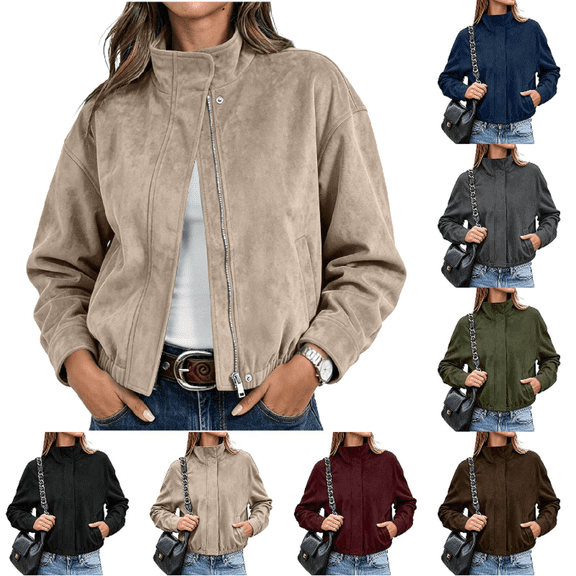 Women's Vintage Faux Suede Cropped Jacket Zip Up Stand Collar Long Sleeve Elastic Hem Loose Fit Casual Fall Winter Outerwear with Pockets Wine