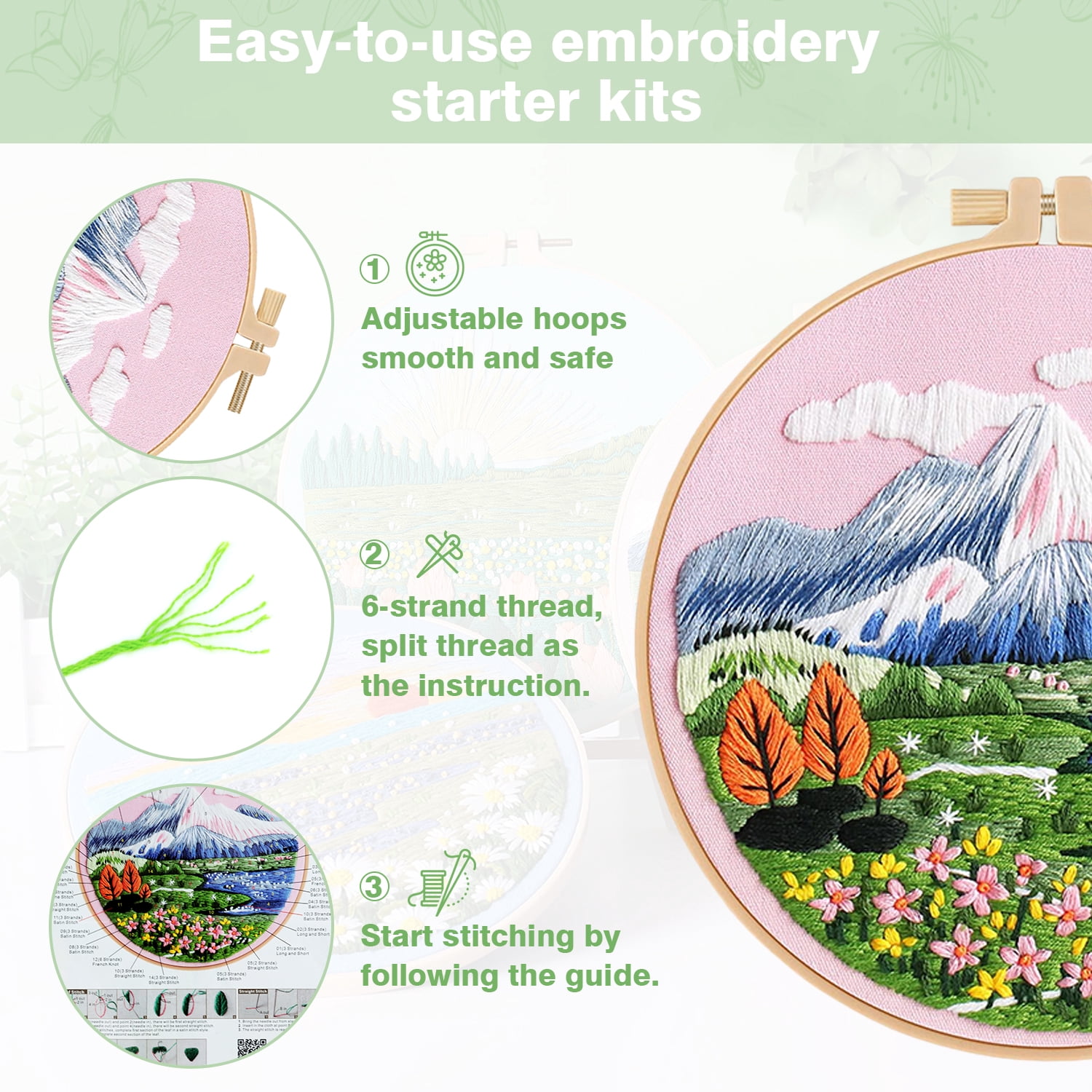 RidaaFri 3 Sets Floral Embroidery Kit Beginners, DIY Adults Craft Set, Step-by-Step Guide Video