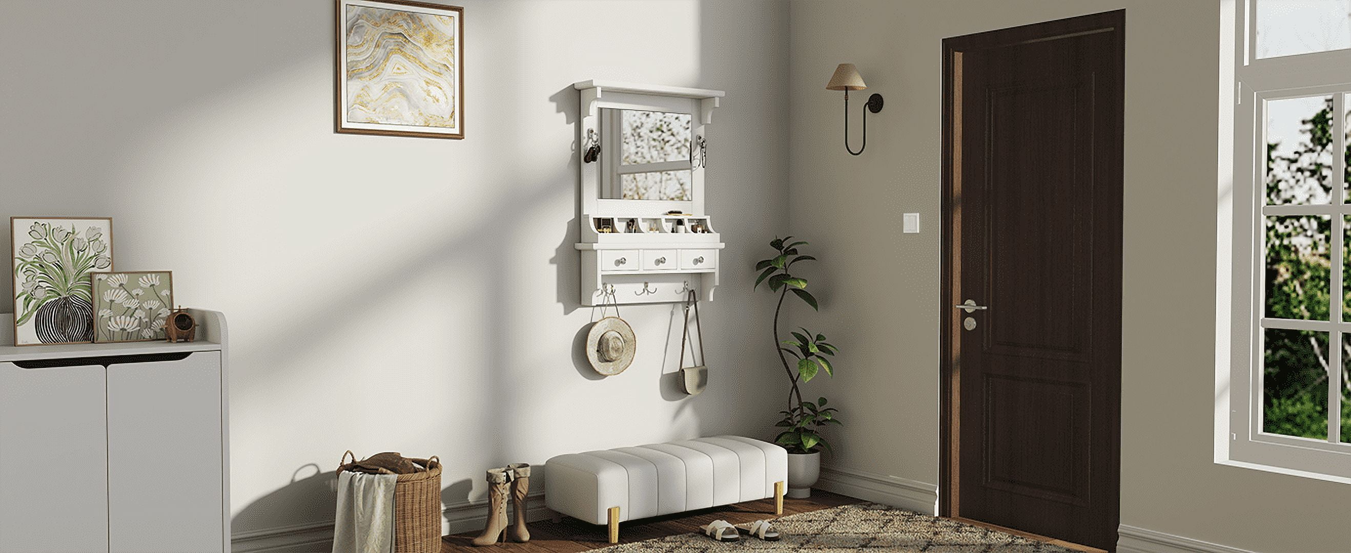 Euroco Wall-Mounted Floating Makeup Vanity with HD Mirror, Drawers, Hooks & Storage Pockets, Pre-Assembled Organizer for Entryway, Bedroom or Bathroom