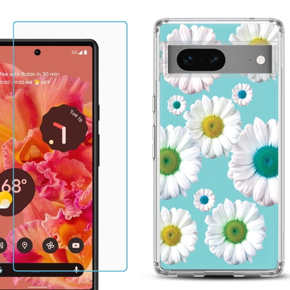 Slim-Fit Gel TPU Phone Case for Google Pixel 7, with Tempered Glass Screen Protector, by OneToughShield ® - Daisy/Teal