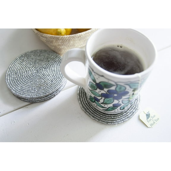 Rangeene Handmade Beaded Multipurpose Non-Slip Circle Coaster; Fits All Cup Sizes; Silver; Pack of 4