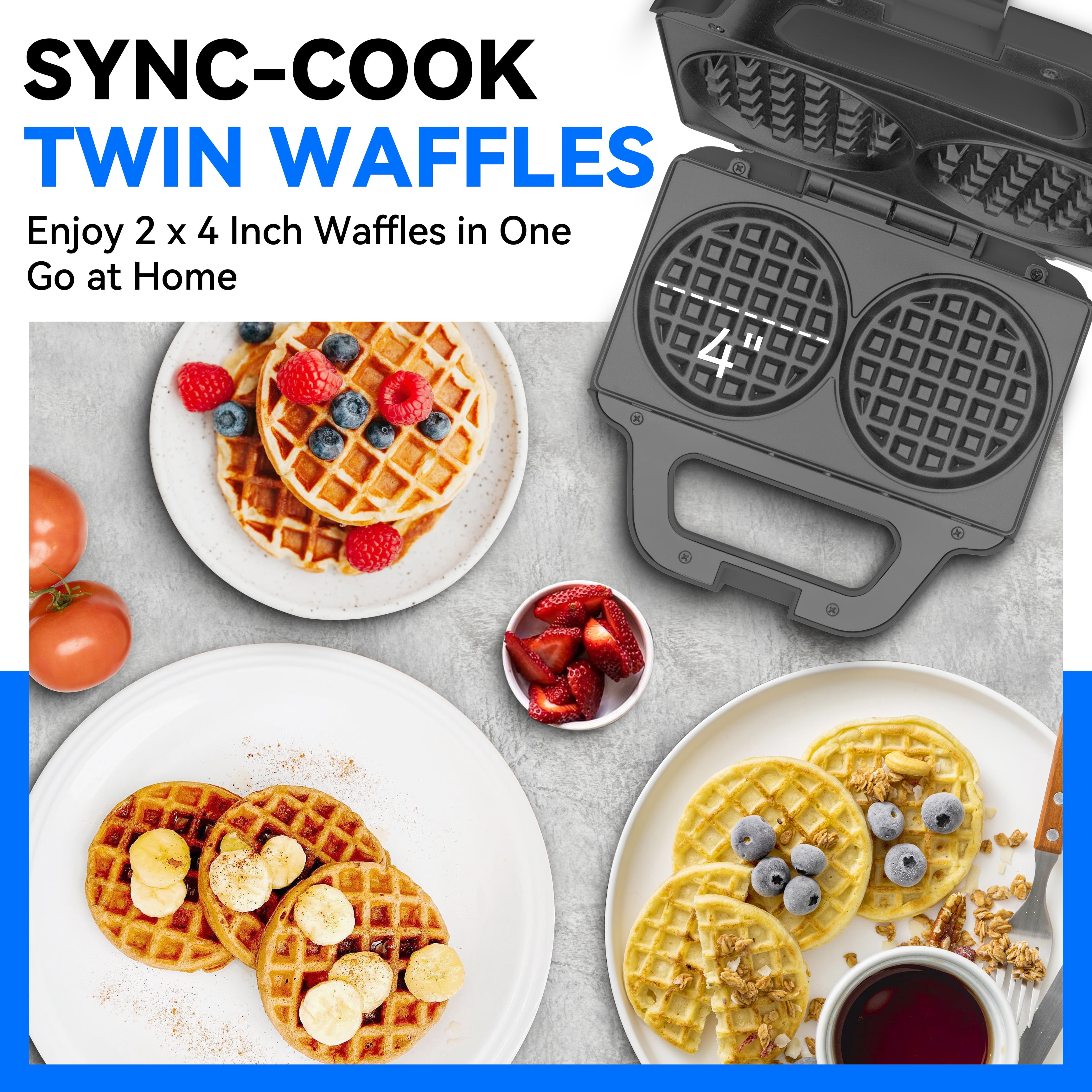 Mailand Graphite Electric Double 4-inch Round Waffle Maker with Cleaning Brush