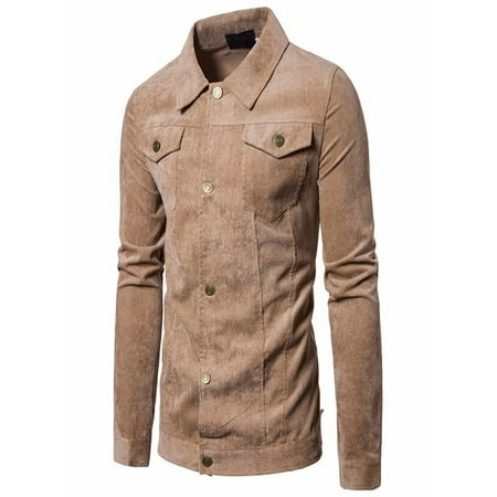 OkrayDirect Men's Long Sleeve Corduroy Tops Turn Down Collar Jacket Coat Outwear With Pocket