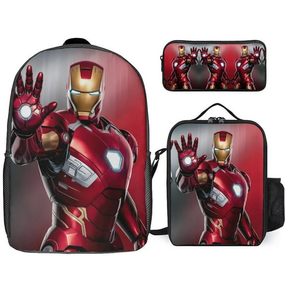 Iron-Man 3Pcs Backpack Set, 17 Inch Large Capacity Unisex Daypack Lightweight Travel Bag with Lunch Box And Pencil Case