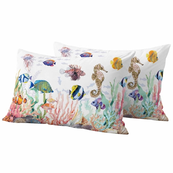 Lumbar Pillow Covers 12 x 20 Inches, Seahorse Coastal Waterproof Throw Pillow Cover Set of 2, Nautical Ocean Summer Beach Coral Shell Sea Decorative Rectangle Cushion Covers for Patio/Tent/Couch