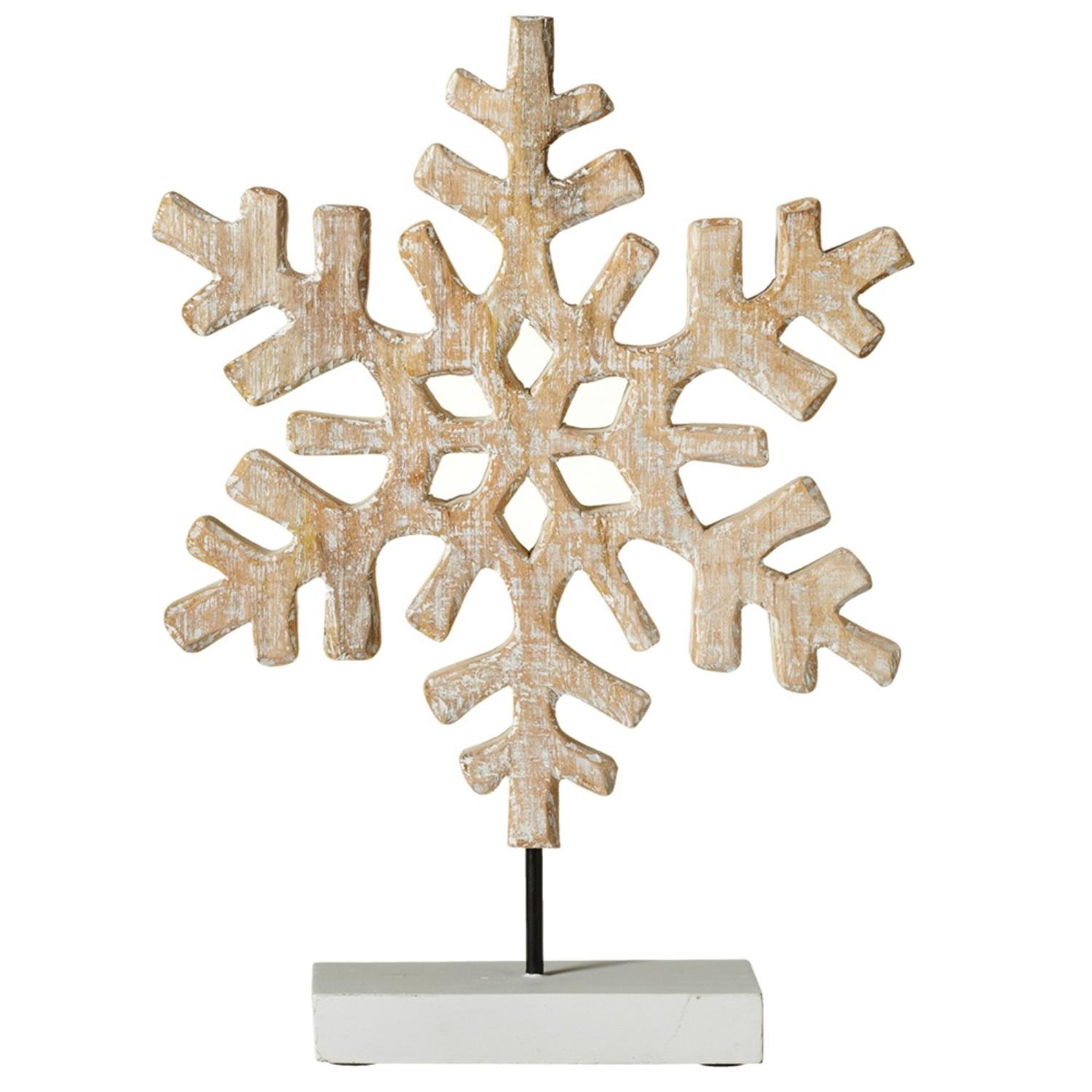 19" Brown Whitewash Snowflake on Mango Wood Stand Christmas Tabletop